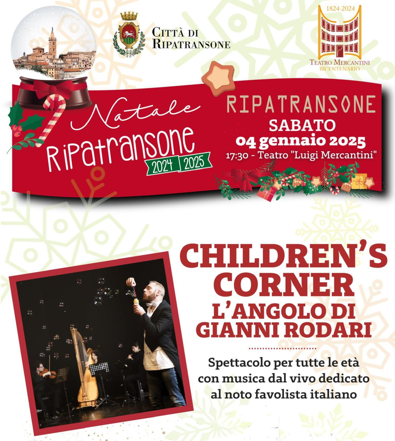 Children's Corner. Sabato 04 gennaio 2025 il Teatro Mercantini di Ripatransone ospita uno spettacolo dedicato a Gianni Rodari