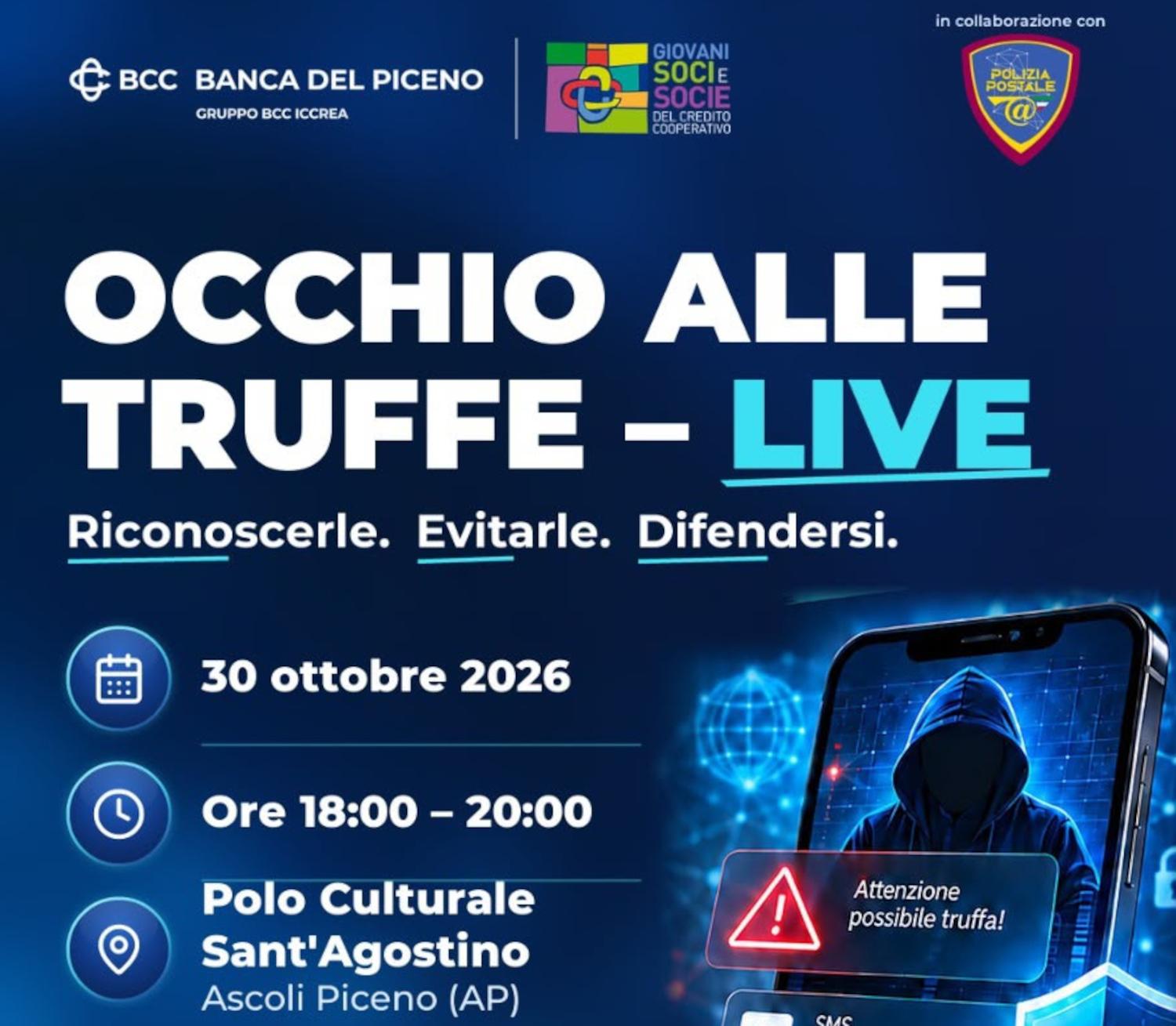 Ad Ascoli 'Occhio alle truffe Live', l’evento dei Giovani Soci della Banca del Piceno
