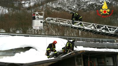 Vigili del fuoco rimuovono tetto di una stalla crollato per la neve a Piedilama